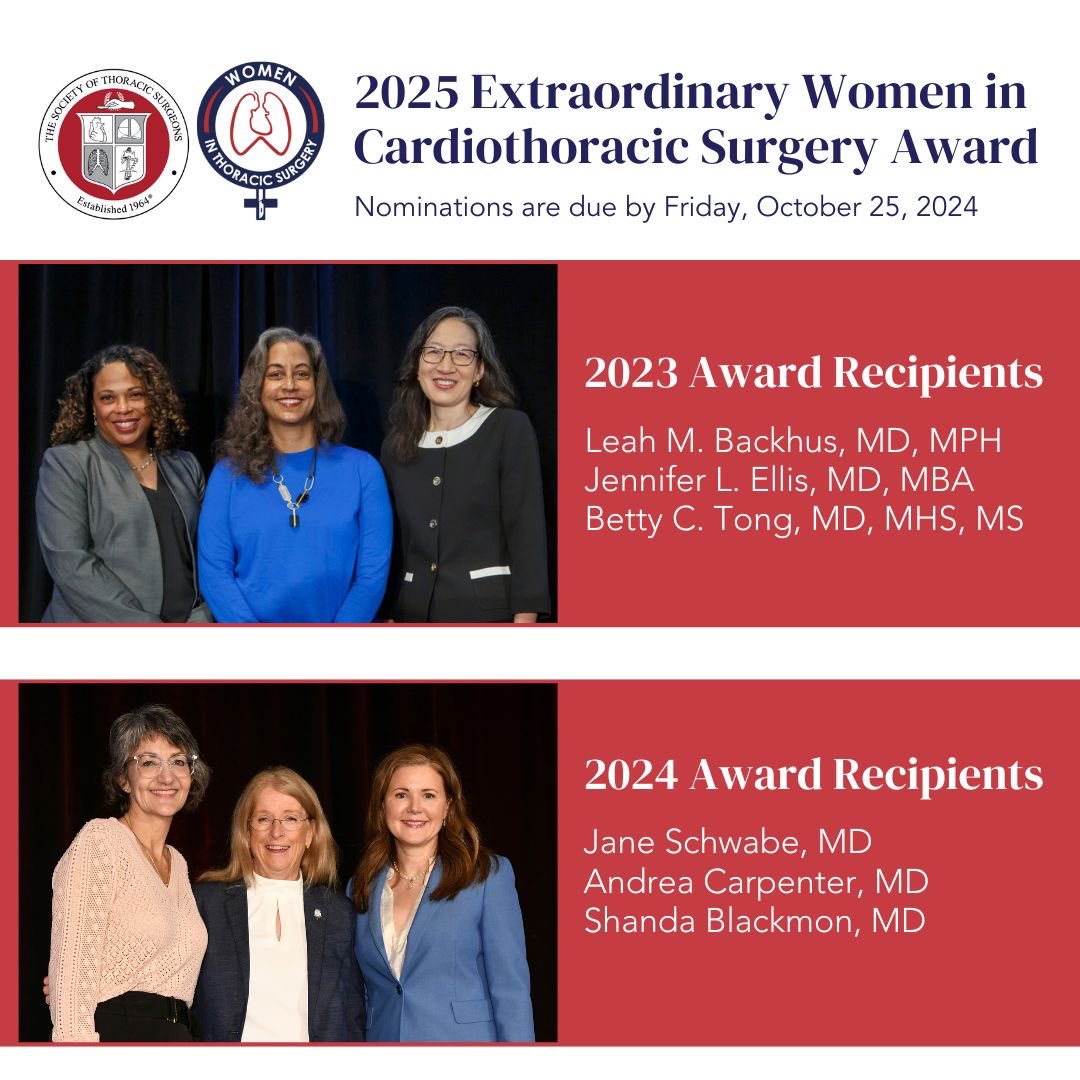 STS and WTS invite you to submit nominations for the Extraordinary Women in Cardiothoracic Surgery Award. This award honors women surgeons who have demonstrated excellence in clinical practice and made significant contributions to our field. Nomination deadline is October 25.