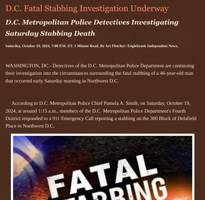 ArtFletcher9's tweet photo. D.C. Fatal Stabbing Investigation Underway https://t.co/c9pDDfkcDC via @Englebrooknews #wshingtondc #fatal #stabbing #homicide #investigation @wireless_step @HRG_Media @LodiNJNews @SugarMAGA @fordmb1 @SarahGeving1 @Shannon96574094 @Daytobehappy @janninereid1 @gator4kb18 @MichelleF_35 @TrumpWasRite @KathyKbrose @RobGerundo @JimBobW49 @SAM002024 @qfd_bruce @DSteampipe @ramsey_lewis007