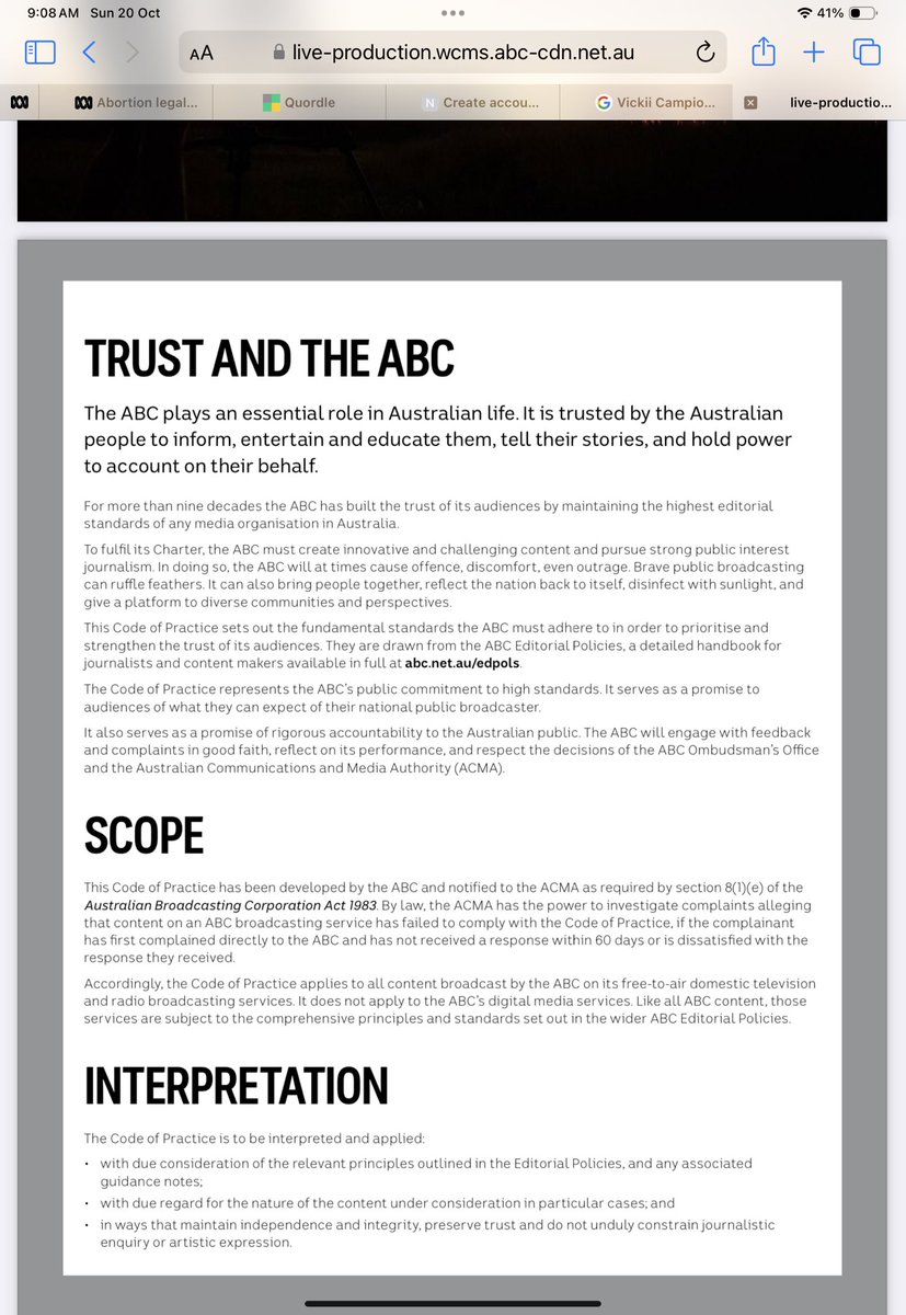 AdvocatePlanet's tweet photo. @alfstackhouse @abcnews @ABCaustralia #ABCBoard @FriendsoftheABC 
 The overwhelming opinion of those of us who hv bn loyal supporters of the ‘Aunty’ form ofOUR ABCaustralia - is that thisCode isNOT being adhered to. Easy to check just watch #Insiders&amp; q’nble reporting&amp;now ethics of most journos https://t.co/NQ58iPmuE4