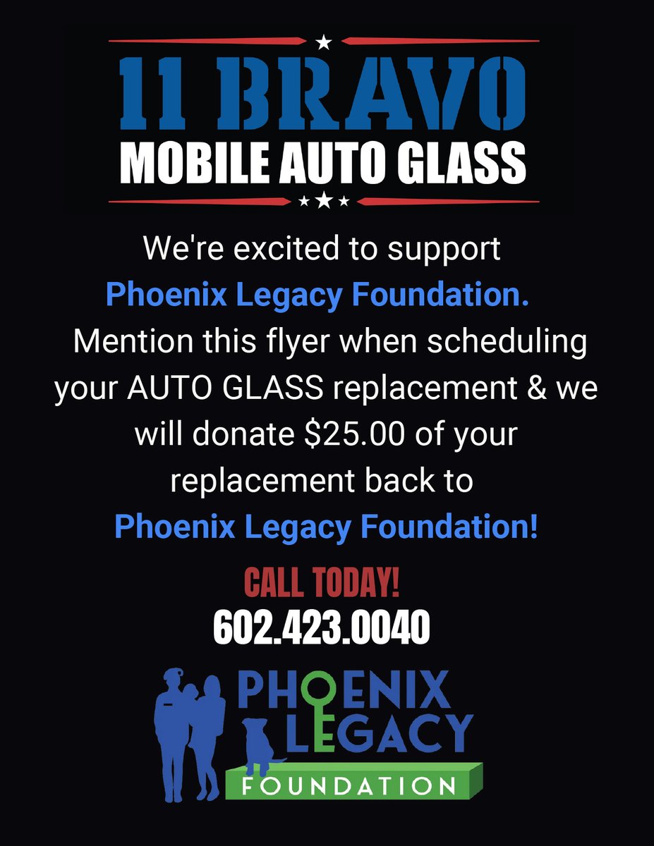 PHX_Legacy's tweet photo. Support Phoenix Legacy Foundation by supporting our Sponsor Partner 11 Bravo Mobile Auto Glass, a proud veteran owned auto glass company ready to take care of you!

#CarveALegacy #VeteranOwned #SupportVeterans https://t.co/ID4R0ZI8oS