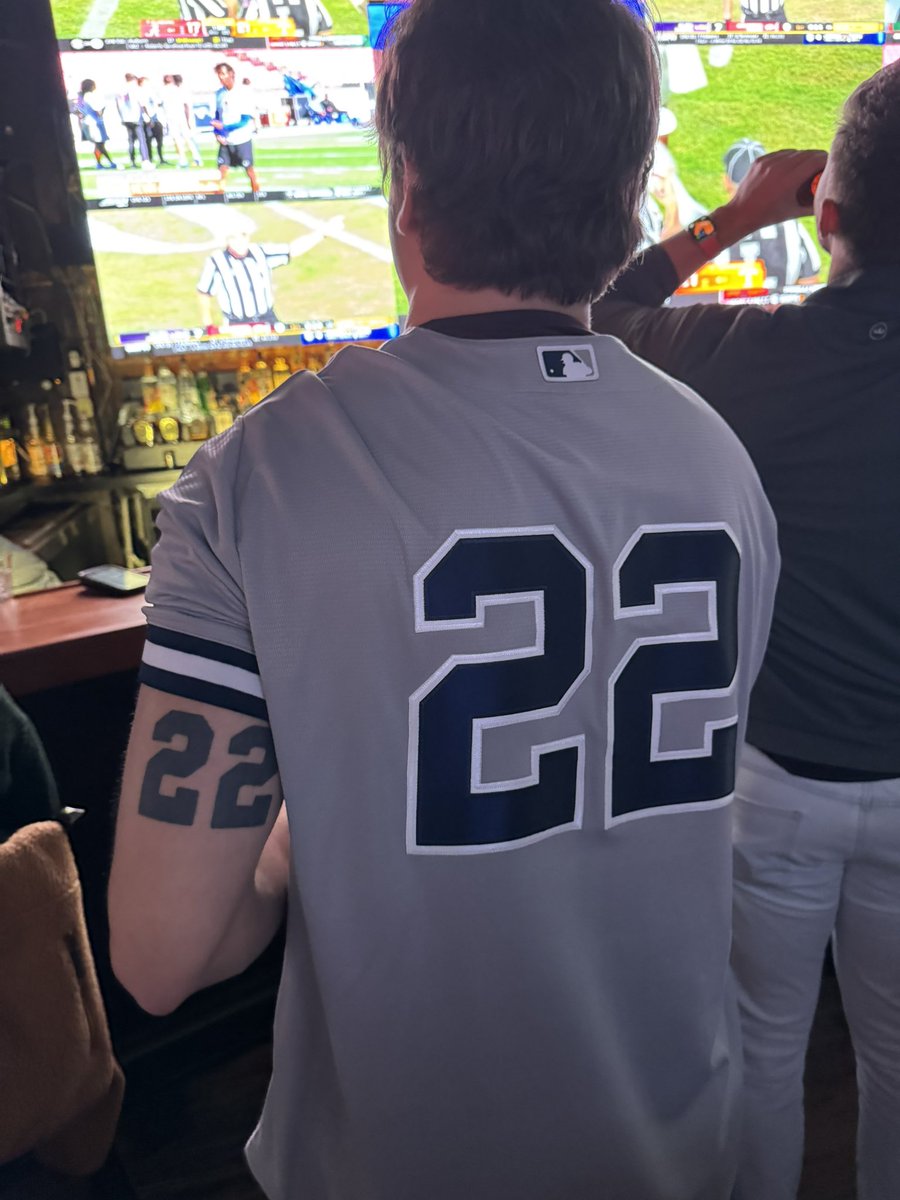 My boy really got Sotos number tatted on him in Yankee font in hopes he resigns next year 😭😭