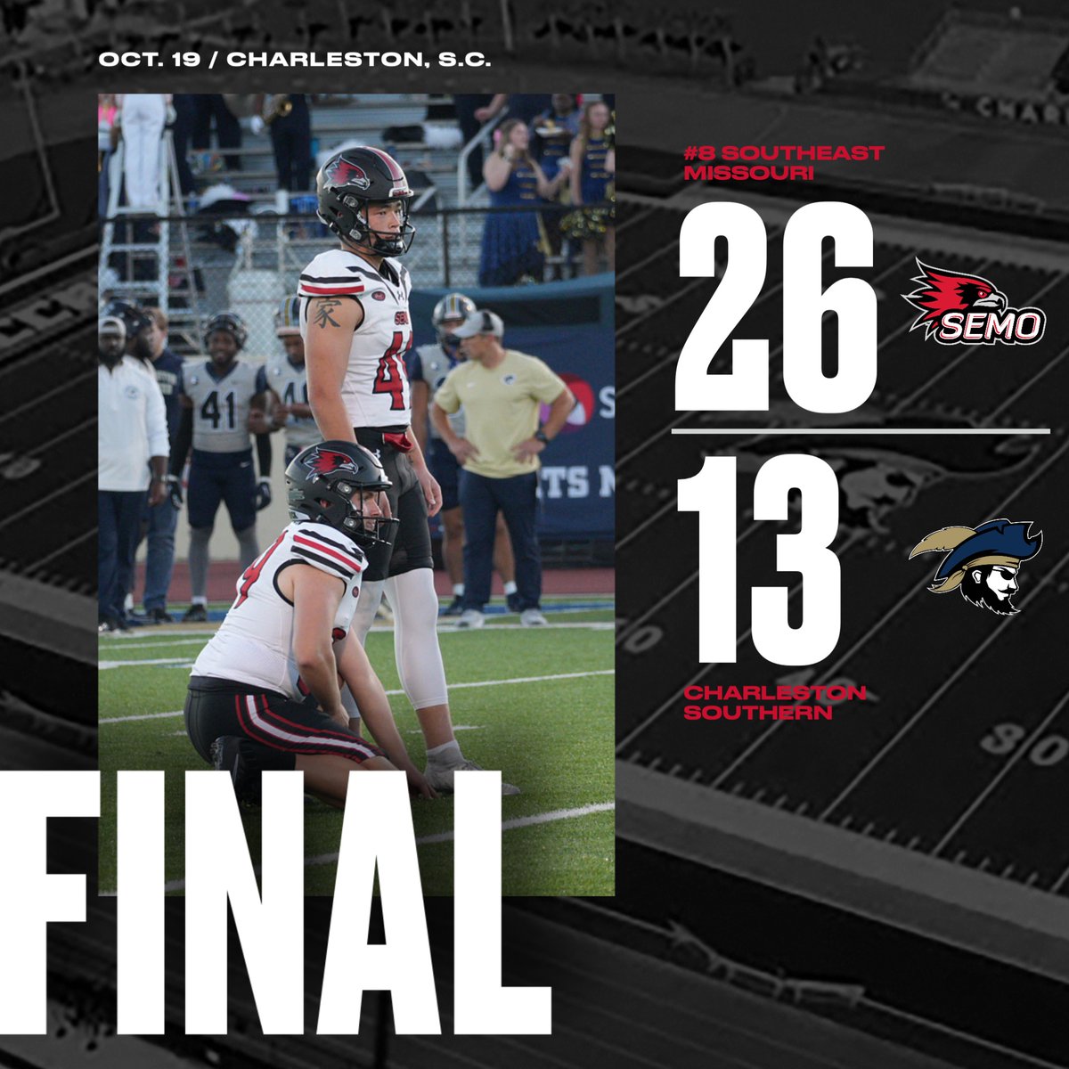 #8 SEMO 26, CSU 13 | FINAL
Redhawks pick up sixth win in a row as DC Pippin scores career-high 14 points on four field goals and two extra points. SEMO moves to 7-1 overall and 4-0 in Big South-OVC play.