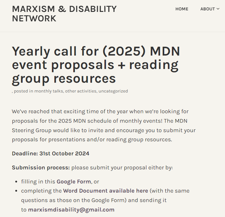 MarxDisability's tweet photo. Yearly call for (2025) MDN event proposals
(and for reading group resources)
Deadline: the end of October.
Please RT!
#Disability #Marxism #HistoricalMaterialism #DisabilityTwitter
https://t.co/vJYEi5B4BY https://t.co/PgETtGHKY6