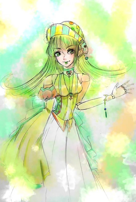 #最近フォローした人は知らない過去絵を晒す ポップなグリーンドレスのドールちゃん___。. °・𖤐 ̖́- #イラスト #illustration ✩.*˚ 