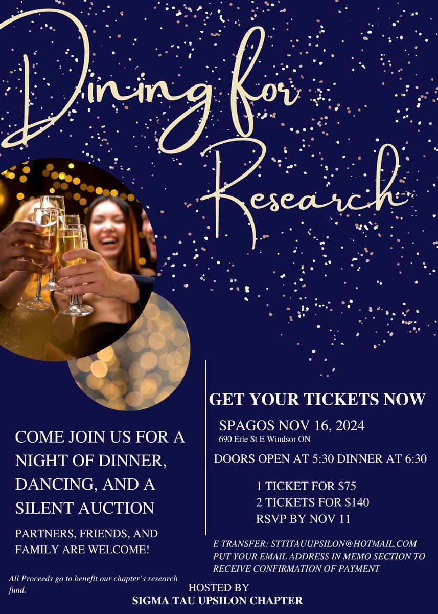 Want a fun evening out that also supports local nursing students and nurse researchers? Come to our Dining for Research event for a night out that includes dinner, a live DJ, dancing, and a silent auction! See the flyer for more details. We hope to see you there!