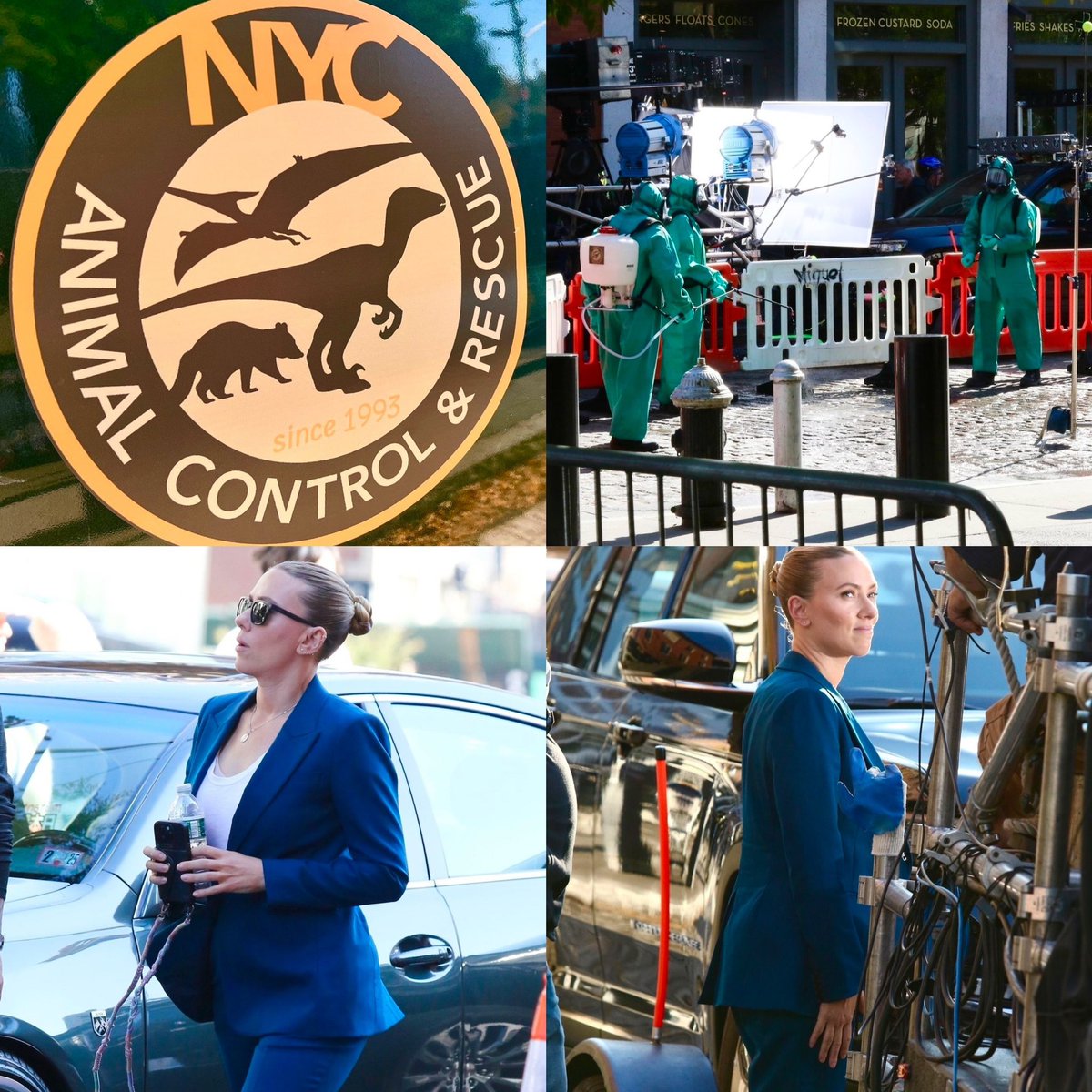NEW photos via <a href="/deuxmoiworld/">deuxmoi</a>/<a href="/BackgridUS/">backgridus</a> of Scarlett Johansson and Rupert Friend filming #JurassicWorldRebirth in NYC! Also featuring “NYC Animal Control” in bio-hazard suits. What do you think this could be? 🦖