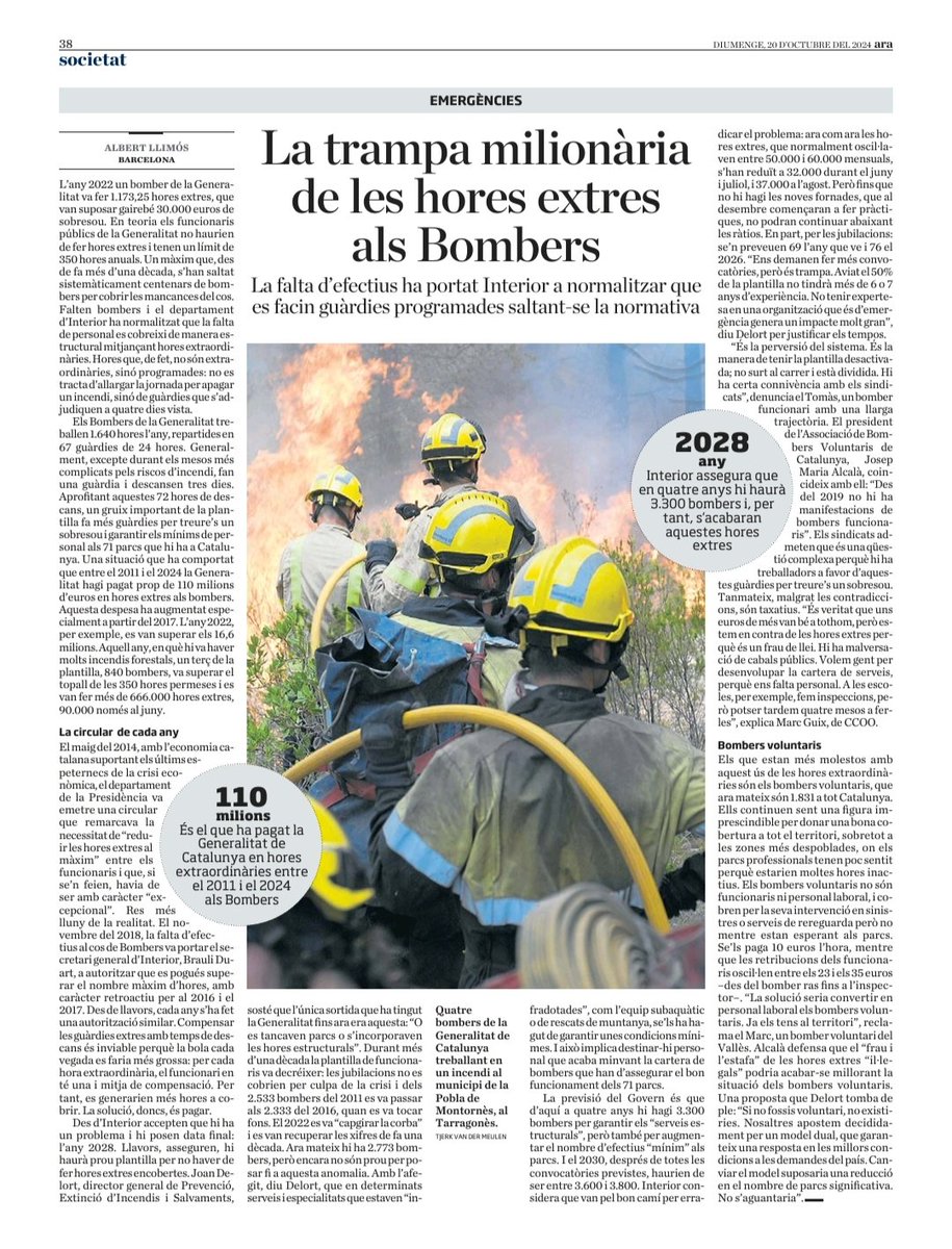 Profess61661910's tweet photo. Escàndol de corrupció a @bomberscat per sistema 📸 
El frau i estafa de les hores extres estructurals a la SS suposa una doble perversió d'un model caducat : sobresous il•legals per un costat i bombers low cost en frau per altre. Molta gent implicada, cal una investigació a fons https://t.co/K2A8IugxFD