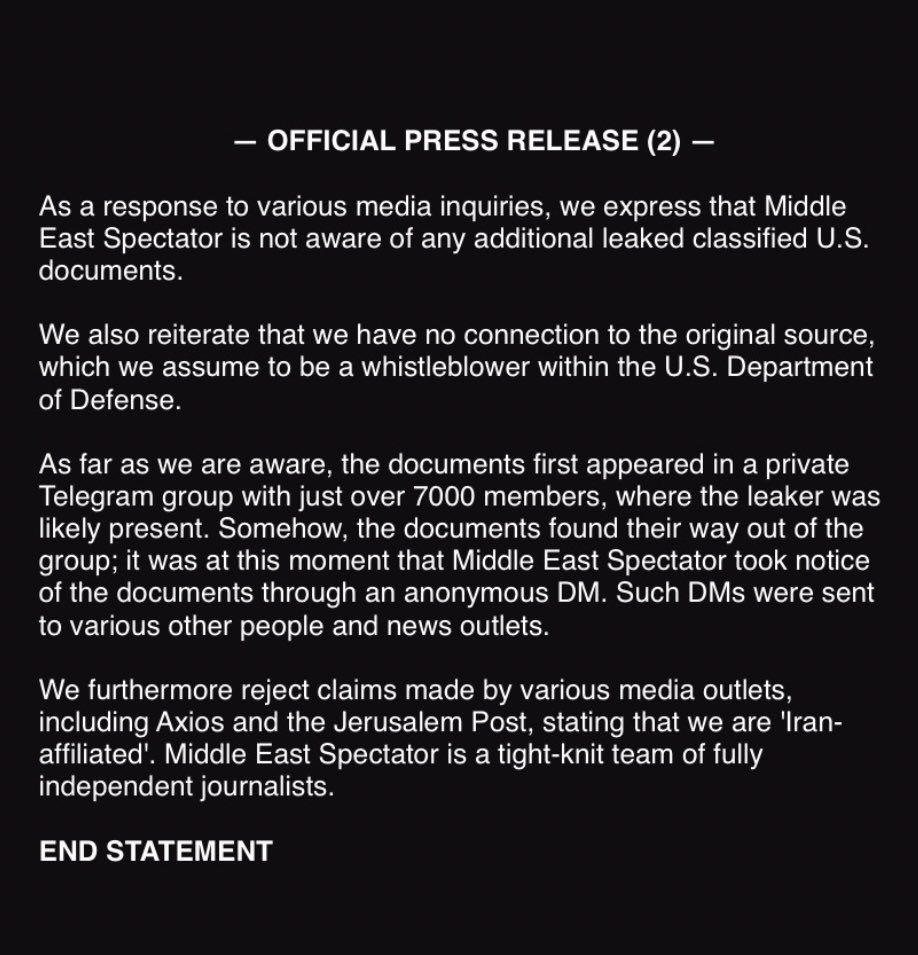 Second official press statement by Middle East Spectator regarding two leaked classified U.S. documents: