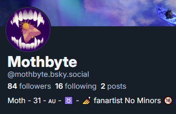 mothbyte's tweet image. I don't post art much at all anymore, however if I do it will only be on Cara or if you ask me nicely on discord

Follow me where you prefer: