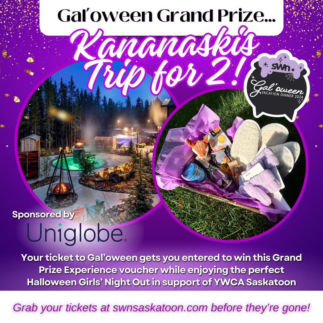 SWNSaskatoon's tweet photo. 💜✨️ The Gal'oween Grand Prize Package - A Trip for 2 to Pomeroy Kananaskis Mountain Lodge! ✨️💜 Sponsored by Uniglobe Carefree Travel 🌎️

Tickets to Gal'oween on October 25th are ALMOST SOLD OUT 👻 

#SWN #SWNVacationDinner #CharityEvent #YWCASaskatoon #HalloweenParty https://t.co/7JxHu2momM