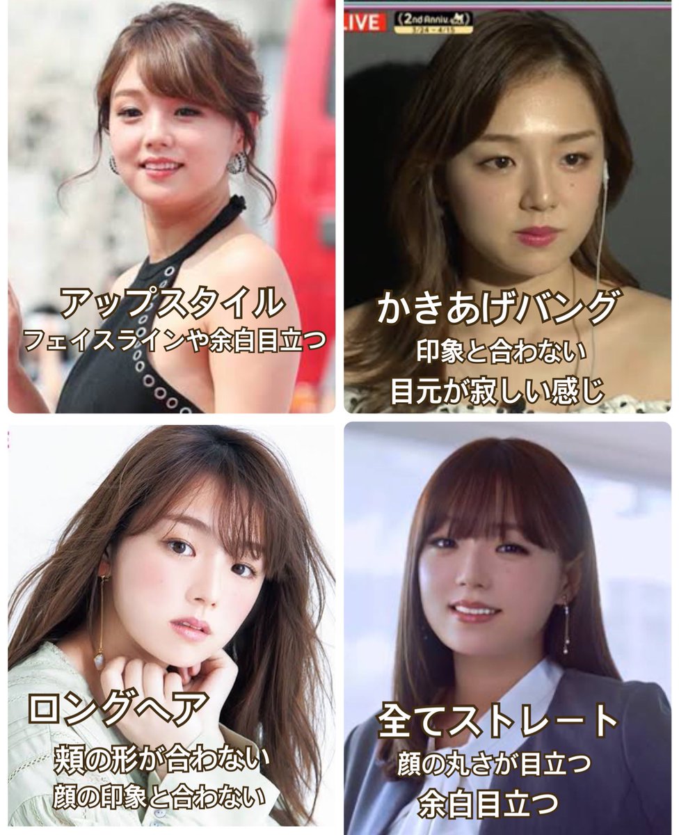 ✂︎全てのパーツが控え目のタレ目の童顔・フェイスラインが丸い人が似合う髪型✂︎
ex)篠崎愛
・頬の形が卵型寄りの卵型〜台形→ミディアム
・タレ目,小粒目→前髪あり○
・毛先を重めにし目線分散→余白や丸さの印象緩和,可愛い印象とも相性◎
→弱点を緩和しつつ自分に合った印象でまとめる
※再掲