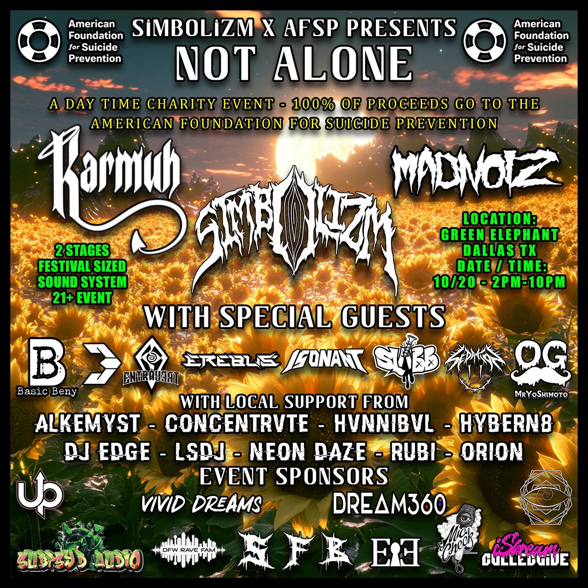 SOUNDS FROM BELOW (@soundsfrombel0w) on Twitter photo THIS SUNDAY / NOT ALONE π» (<a href="/afspnational/">American Foundation for Suicide Prevention</a> CHARITY SHOW)
SET TIMES ARE HERE π
(THIS IS AN 8 HOUR DAY TIME EVENT, FROM 2PM-10PM - WITH 20 ARTISTS FROM ALL OVER TEXAS, 2 STAGES W/ FESTIVAL SIZED SOUND & MORE) π€π€
soundsfrombelow.ticketspice.com/not-alone THIS SUNDAY / NOT ALONE π» (<a href="/afspnational/">American Foundation for Suicide Prevention</a> CHARITY SHOW)
SET TIMES ARE HERE π
(THIS IS AN 8 HOUR DAY TIME EVENT, FROM 2PM-10PM - WITH 20 ARTISTS FROM ALL OVER TEXAS, 2 STAGES W/ FESTIVAL SIZED SOUND & MORE) π€π€
soundsfrombelow.ticketspice.com/not-alone