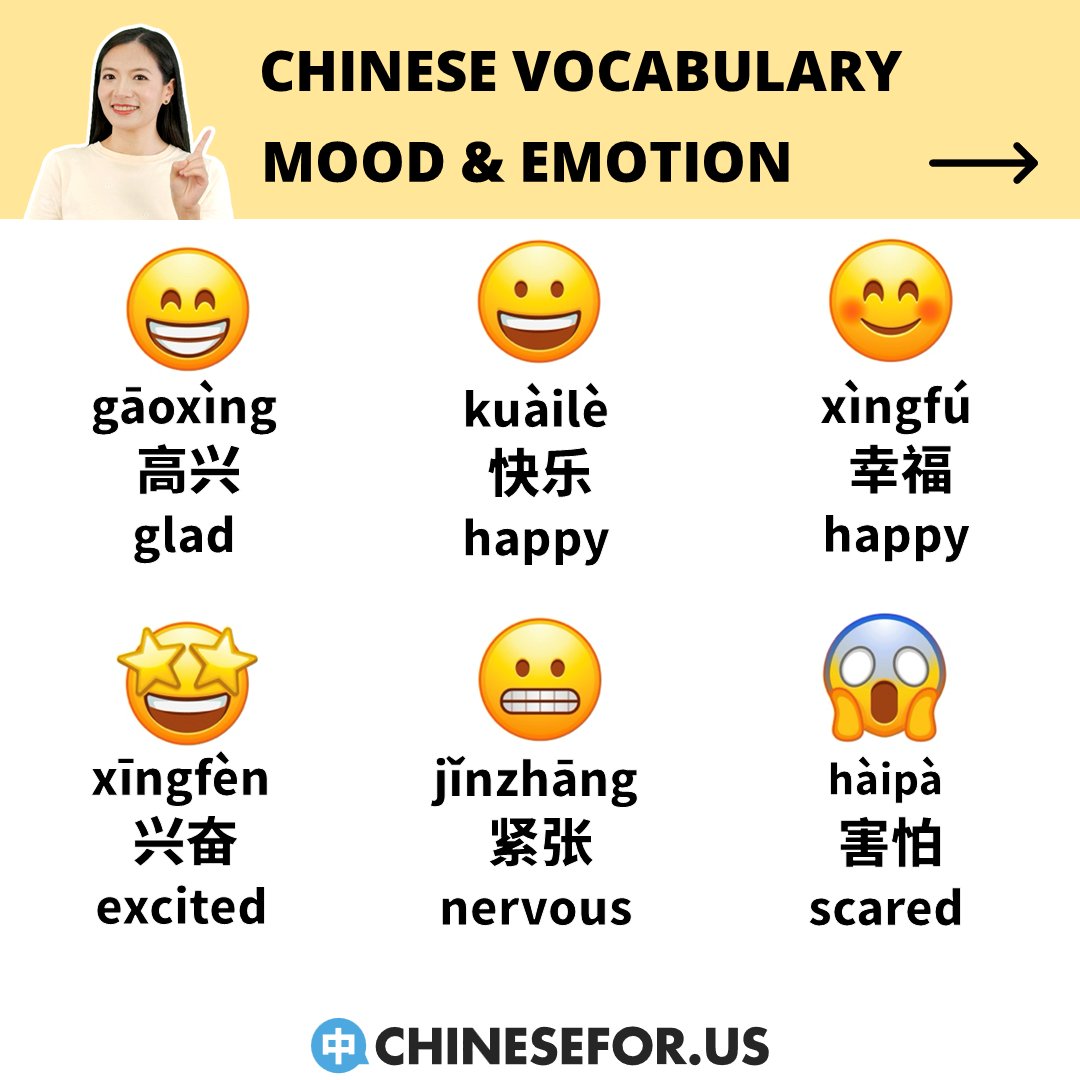 chinese4us's tweet image. 😁We have good moods (好心情 hǎo xīnqíng) and bad moods (坏心情 huài xīnqíng).😭

💬Nǐ jīntiān de xīnqíng zěnme yàng?
你今天的心情怎么样？
How is your mood today?

#learnchinese #learnmandarin #chineselanguage #chinese #mandarin #moodinchinese #moods #emotions