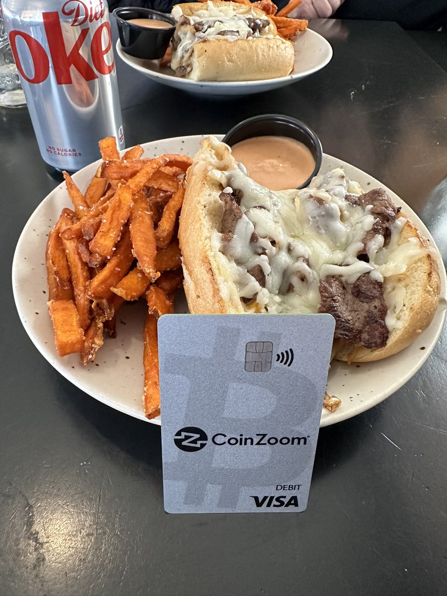 ToddCrosland's tweet photo. Just paid for dinner using Bitcoin with my CoinZoom Visa Debit card! 🥪🍟 Crypto convenience at its finest—no cash, no hassle, just rewards. Earned 5% back in crypto on dinner tonight! 🚀 #CoinZoom #CryptoPayments #Bitcoin #Visa #CryptoRewards #Fintech #CryptoDining #BTC #CoinZoomVisa