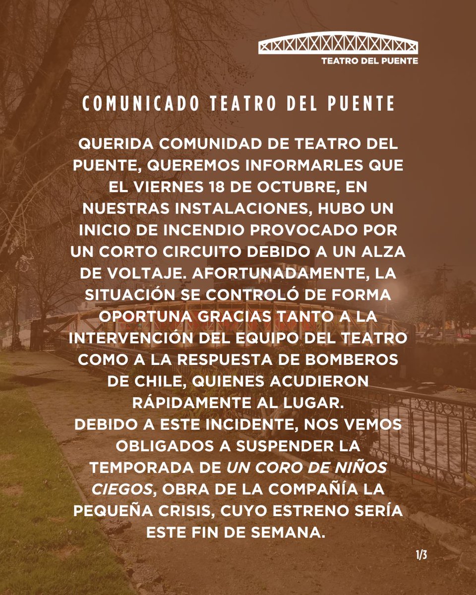 teatrodelpuente's tweet photo. 📣 Comunicado #TeatroDelPuente

Queremos agradecer los llamados y comentarios de apoyo que hemos recibido. Estamos trabajando para retomar nuestra programación 2024 lo antes posible 🙌🏽🖤 https://t.co/0QY6jDubG8