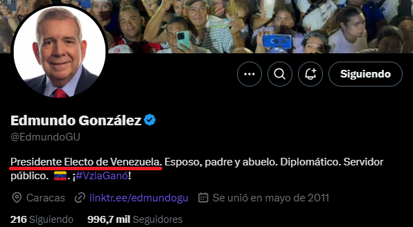 UHN_Plus's tweet photo. 🇻🇪 | AHORA

El presidente electo de Venezuela, Edmundo González, actualiza la descripción en la red social 𝕏. https://t.co/YrX7VwtrTA