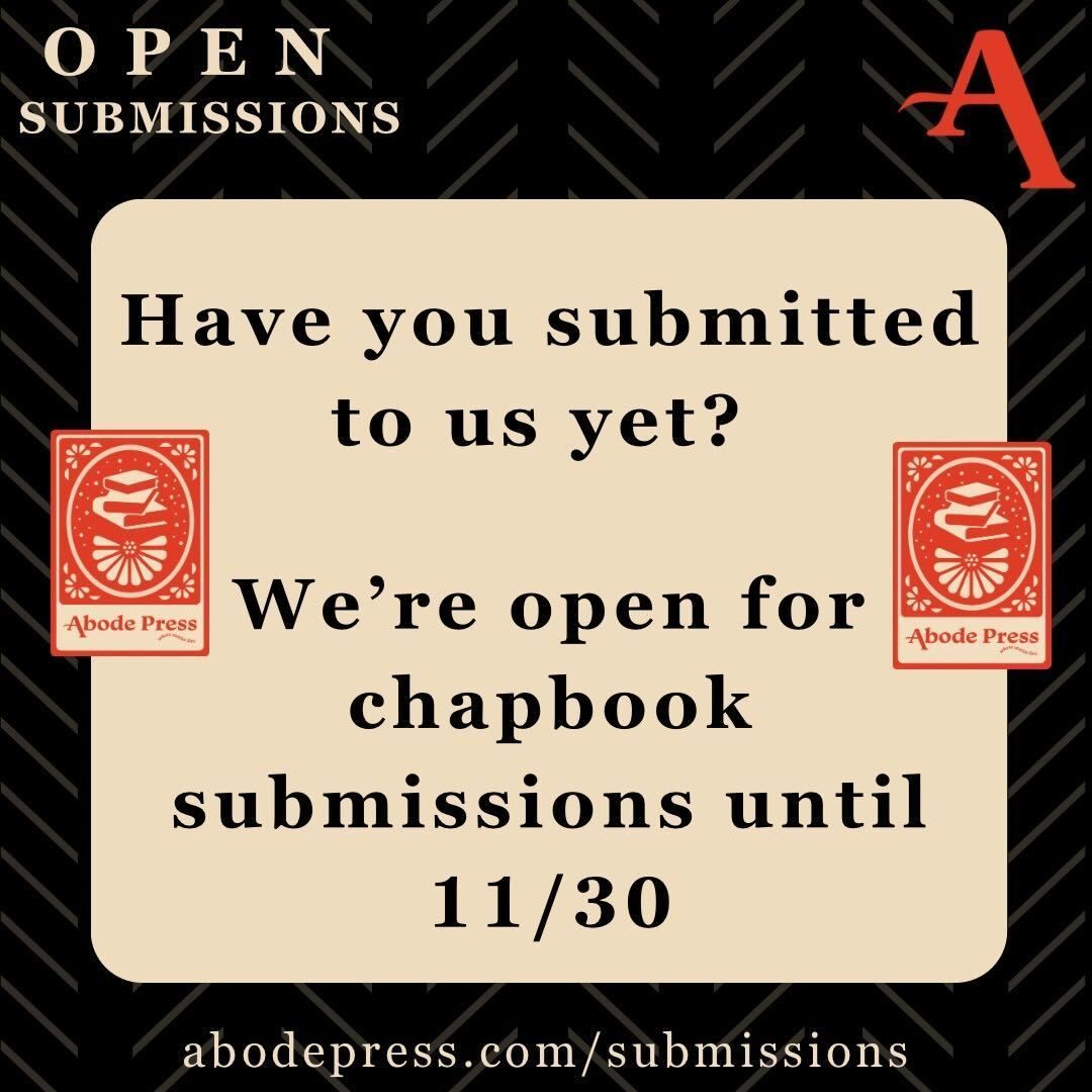 Have you submitted to us yet? 🤔 

We're open for chapbook submissions until 11/30

Abode Press wants to read your best poetry, hybrid, or fiction works. We're seeking manuscripts that explore themes of identity, origin, and culture. 

Learn more here: buff.ly/4dDWyo7