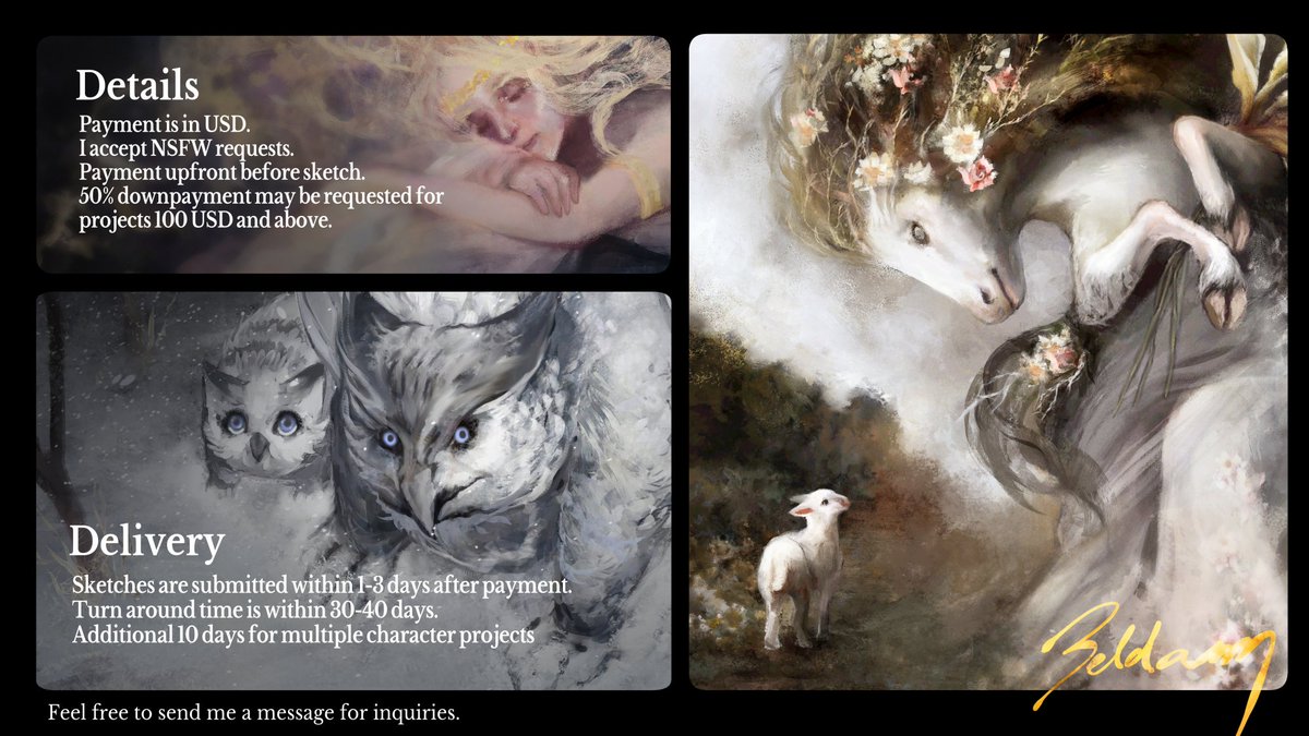 Hi! I'm Beldam! Commissions are now open!  

I'm a full-time professional illustrator from the Philippines.  I like drawing characters and creatures in classical style but I can also work with other formats.  

Feel free to send me inquiries. 
Que: trello.com/b/zOYm3pSv/bel…