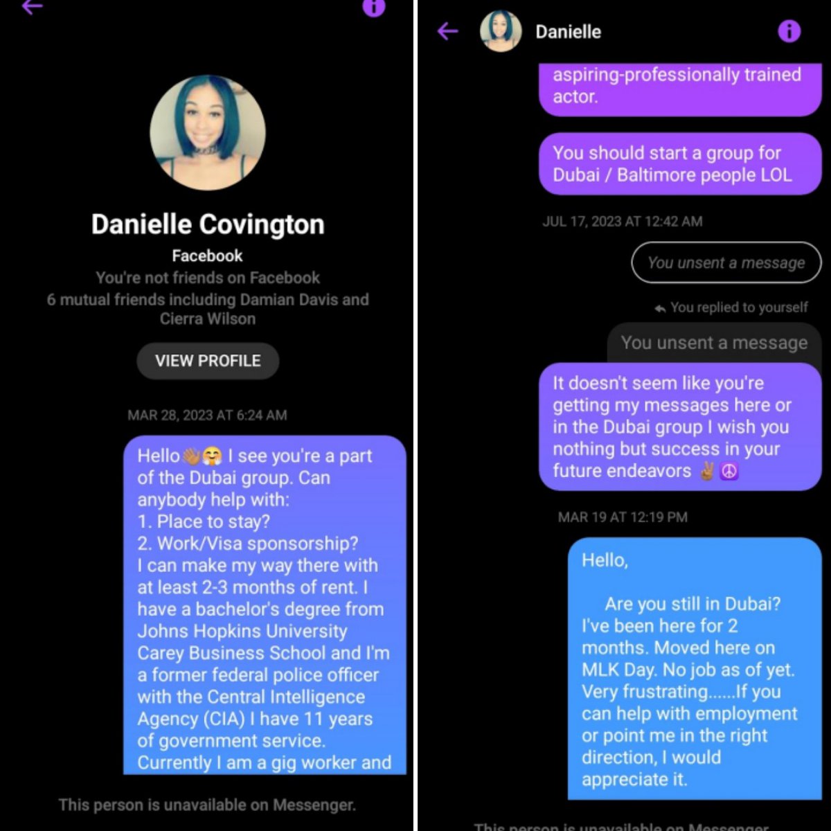 stevieweevie71's tweet image. #DanielleCovington Why did I expect a female from Baltimore to help me who's already established in #Dubai No money-job/visa sponsorship. How do you block someone from your own hometown trying to make it? This is our African American Community #nosupport she don't think she Black