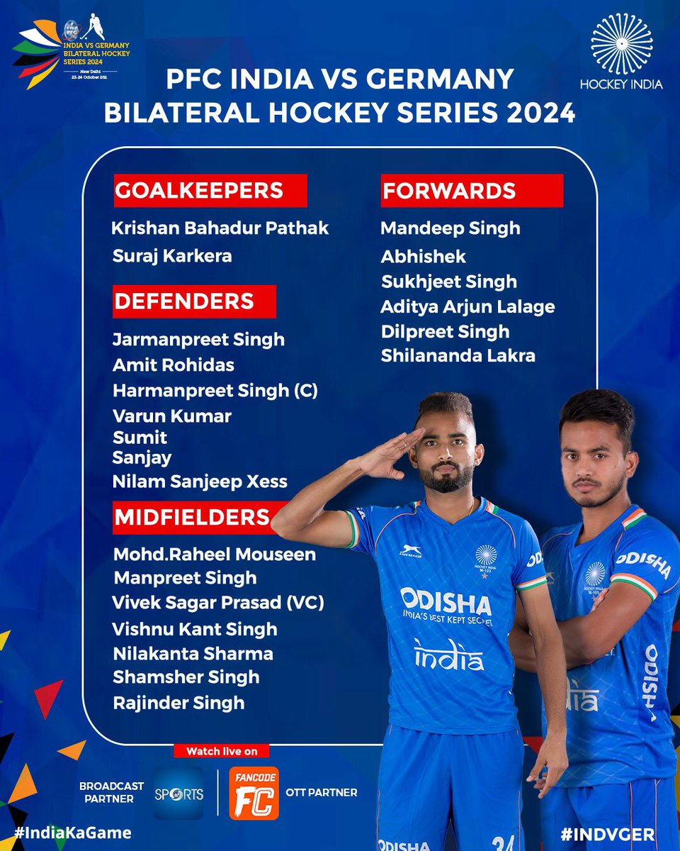 🚨 Squad Announcement! 🚨

India is ready to face Germany in the highly anticipated PFC India vs Germany Bilateral Hockey Series 2024! 🏑🇮🇳

Our team is geared up, bringing a perfect blend of experience and young talent to the field. Time to back the boys as they take on one of