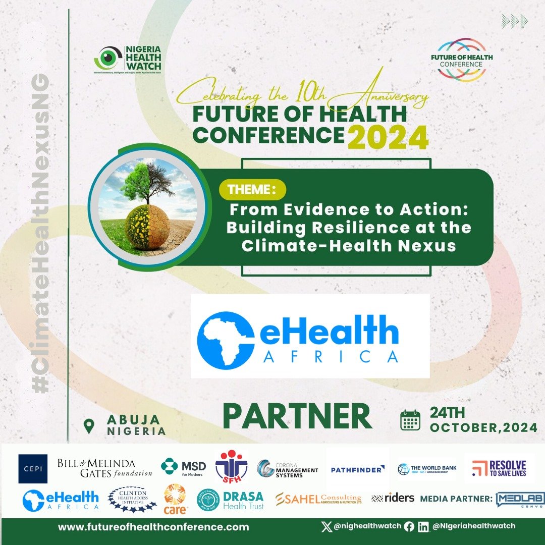 nighealthwatch's tweet photo. The impact of climate change on health is undeniable—innovative solutions are essential to tackling climate-driven risks in vulnerable communities. 

@eHealth_africa is driving efforts to build climate-resilient healthcare systems through tech-based solutions, and we are excited to partner with them for the 10th edition of the Future of Health Conference.
#ClimateHealthNexusNG #FHC2024