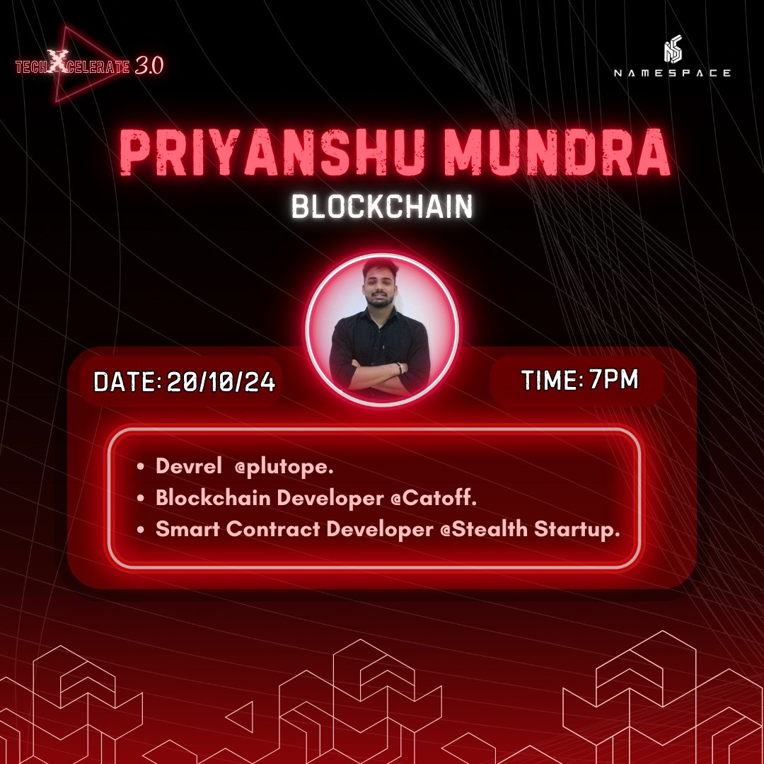 namespaceworld's tweet image. Day 6 - TechX 3.0: Blockchain with Priyanshu Mundra!

Get ready for an exclusive Blockchain session with Priyanshu, Developer Relations Lead at Plutope, Blockchain Developer at Catoff, and Smart Contract Developer at Stealth Startup.

🗓 Date: 20 October 2024
⏱ Time: 7-8 PM
