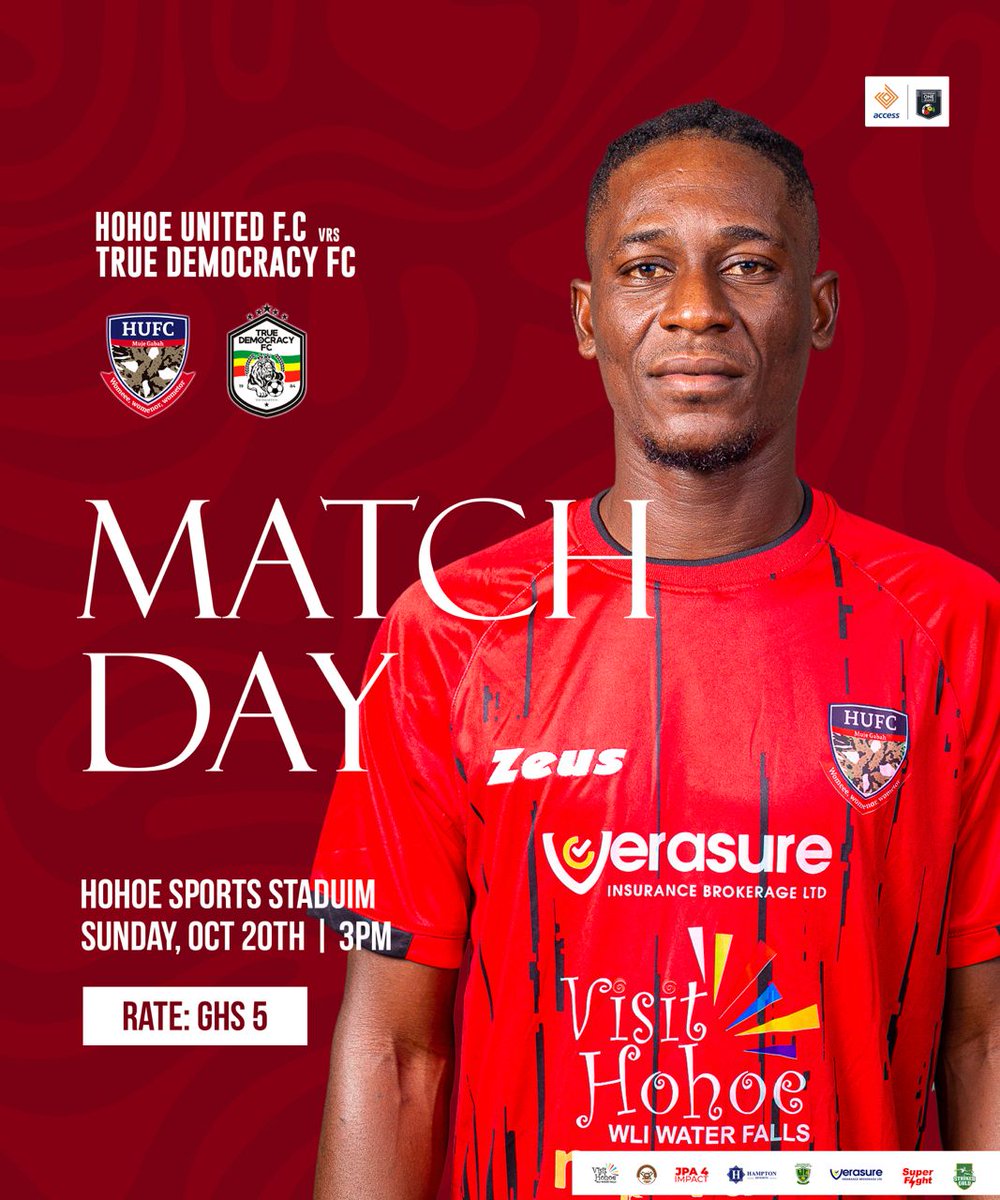 𝐌𝐀𝐓𝐂𝐇𝐃𝐀𝐘🔥🔥

🆚 | <a href="/TRUEDEMOFC/">TRUE DEMOCRACY FC</a>
🗓️ | Sun.20/10/2024 
🏟️ | Hohoe Sports Stadium  
⏰ | 3:00pm 
💵 | 5gh

We are United ! 🔴⚪️🔴

#𝘃𝗶𝘀𝗶𝘁𝗵𝗼𝗵𝗼𝗲 
#𝐉𝐏𝐀𝟒𝐢𝐦𝐩𝐚𝐜𝐭 
#womeeeeeee
 #AccessBankDOLwk4