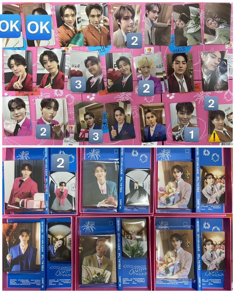 zef_so's tweet photo. SEVENTEEN SPILL THE FEELS CARAT トレカ 特典

（譲）画像1〜3

（求）リプ欄　💖>無印（数字は求めている枚数です）

基本同種
マンネと交換してくださる方優先

郵送or名古屋11/30会場手渡し

交換していただける方いらっしゃいましたら、写真付きにてお声掛けお願い致します🙇‍♀️ https://t.co/MSZpqajAIS