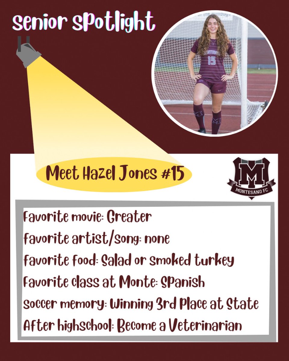 Our next senior is number 15 Hazel Jones. Hazel has been another key player for our team. She works extremely hard and is always looking to improve her skills. Thank you Hazel!