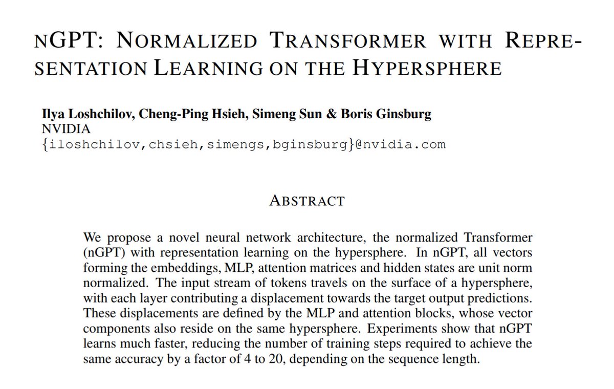 danijarh's tweet image. Cool to see normalized transformers working so well, speeding up learning compared to modern transformers!

It&apos;s such an intuitive idea, all weights and vectors are unit norm, forcing learning dynamics to be well behaved.

arxiv.org/abs/2410.01131