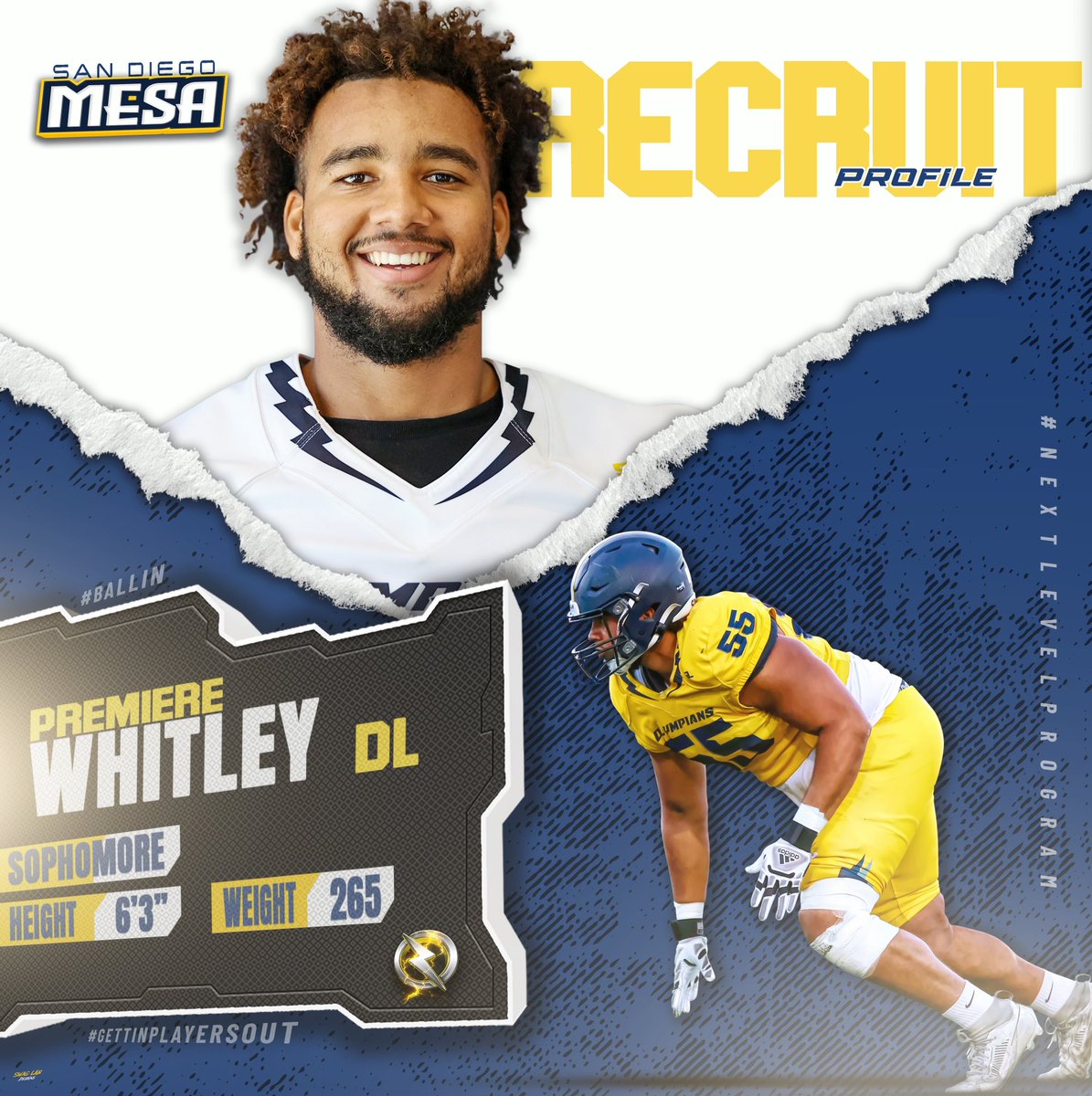 SDmesafootball's tweet photo. 2024 SD Mesa College Recruit Profile. Olympian DL @PremiereWhitley 
#GettinPlayersOut 
@BallCoachGW @JUCOFFrenzy @JuCoFootballACE @EC_Preps_SD @sdfootball @HelixFootball 
📸 @Nicole2Noel https://t.co/flldJPeooW
