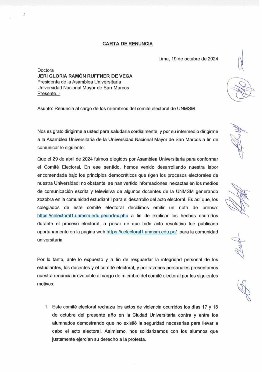 EgresadosUnmsm's tweet photo. #LOÚLTIMO | Integrantes del Comité Electoral de San Marcos presentaron su carta de renuncia ante la rectora Jerí Ramón. 
https://t.co/1yR15iZ6LG https://t.co/I64Gj65z9K