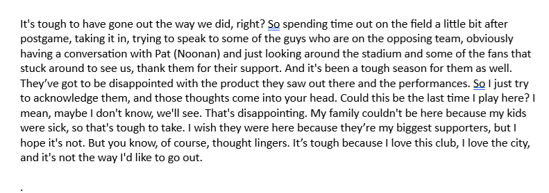 sportsdoctormd's tweet photo. Asked Alejandro Bedoya if he thought at any point today that this might be his last game or his last game with the Union. His reply in full https://t.co/wLSS8eIHm9