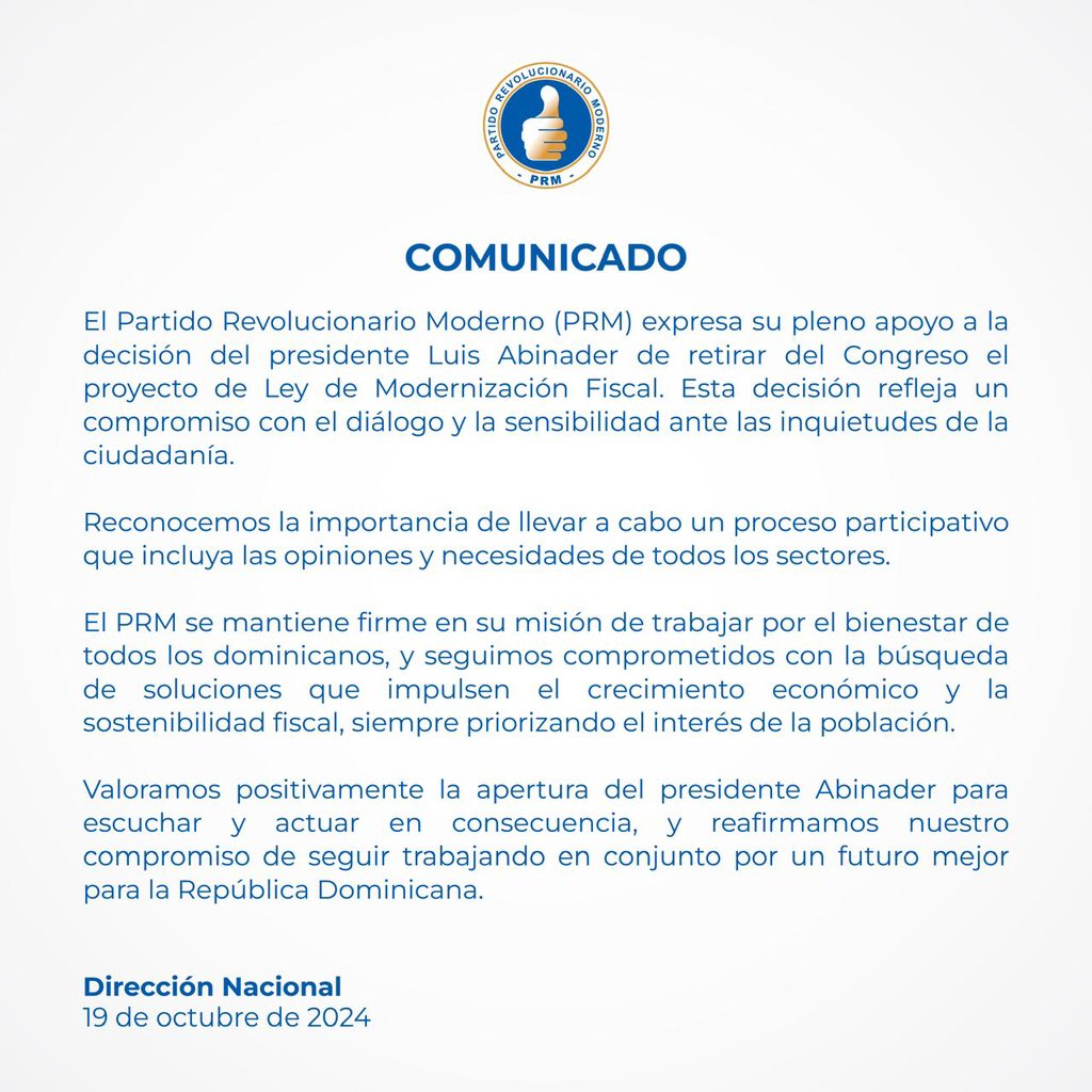 Expresamos nuestro respaldo a la decisión del Presidente <a href="/luisabinader/">Luis Abinader</a> de retirar el proyecto de Ley de Modernización Fiscal del Congreso, como acción que refleja el compromiso con el diálogo y la sensibilidad de nuestro gobierno ante las inquietudes de la ciudadanía. 🤝