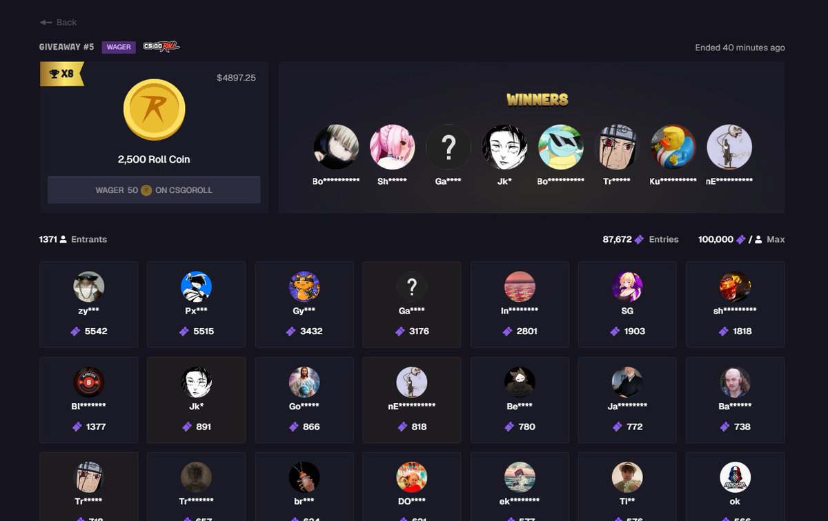 The Roll Jackpot on Grim Rewards has ended.
Congrats to the winners!