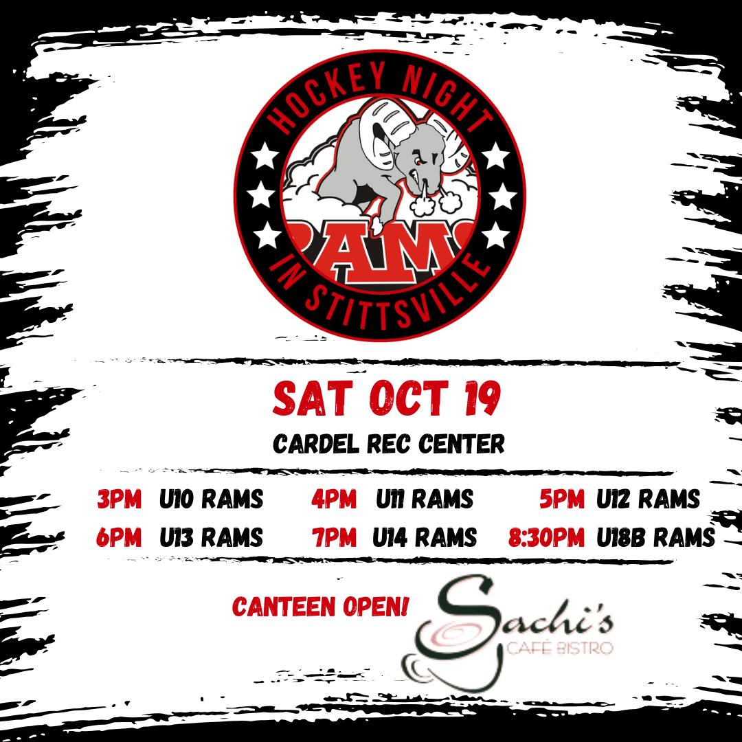It's #HockeyNightInStittsville! Join us at the CardelRec Centre and support our #smhaRamsCompetitive teams as they kick off their seasons! Sachi's Cafe Bistro Canteen will be open! #smhaHNIS