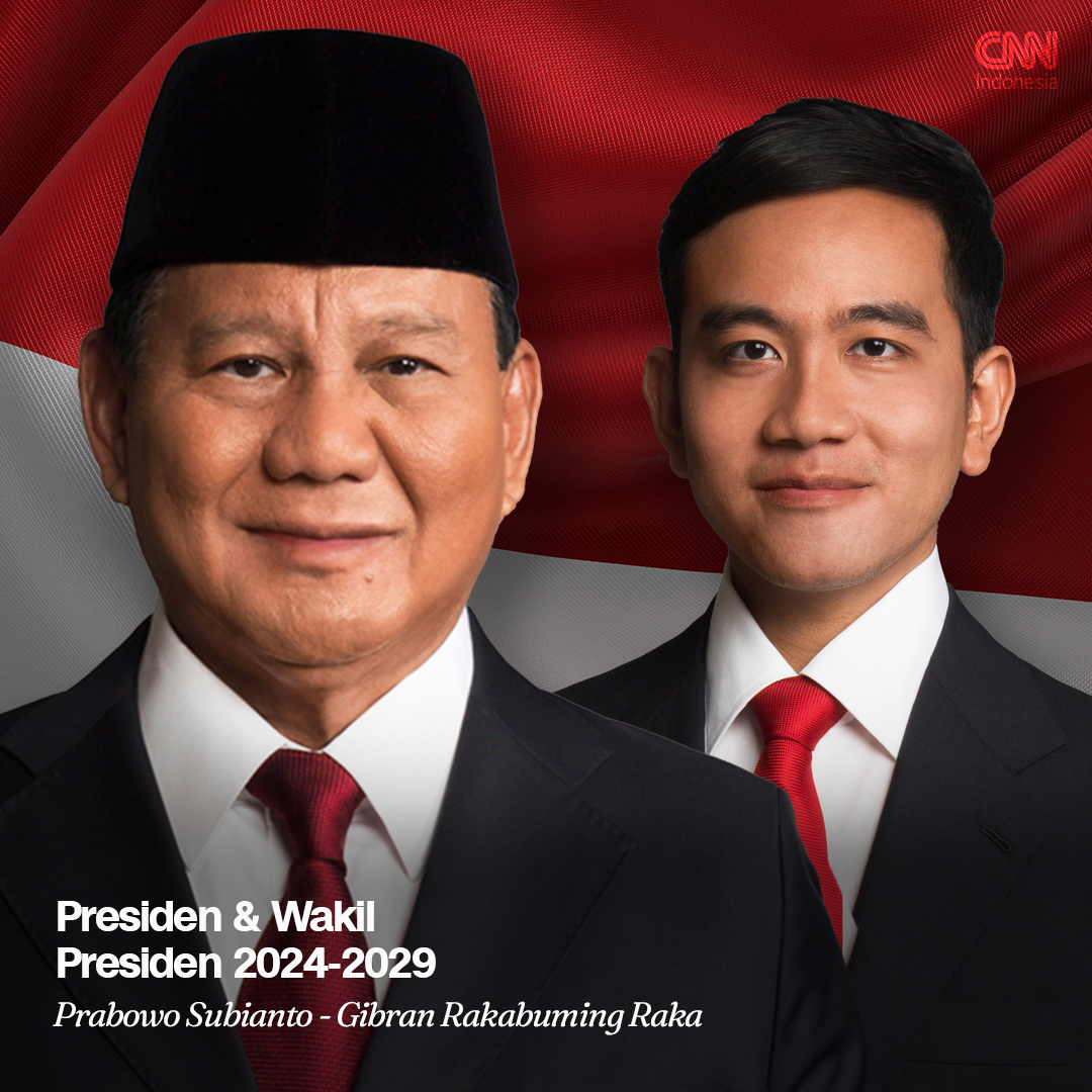 CNNIndonesia's tweet photo. Prabowo Subianto dan Gibran Rakabuming Raka resmi jadi presiden dan wapres Indonesia yang baru, gaes✨

Apa nih harapan dari pembaca #CNNIndonesia buat keduanya yang bakal memimpin RI buat lima tahun ke depan? Tulis di bawah ya👇😀 https://t.co/k0yJPR4OIu