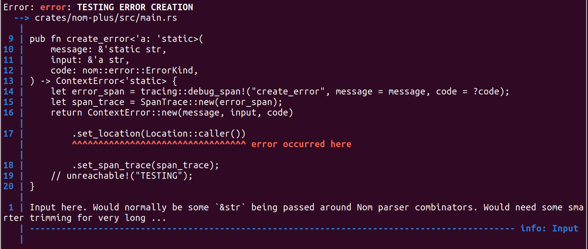 RodogInfinite's tweet photo. I have a long way to go and lots of changes in mind, but here's the initial idea for context heavy Nom parser combinator errors in Rust land. Until next week when the work can continue https://t.co/XpGWGra438