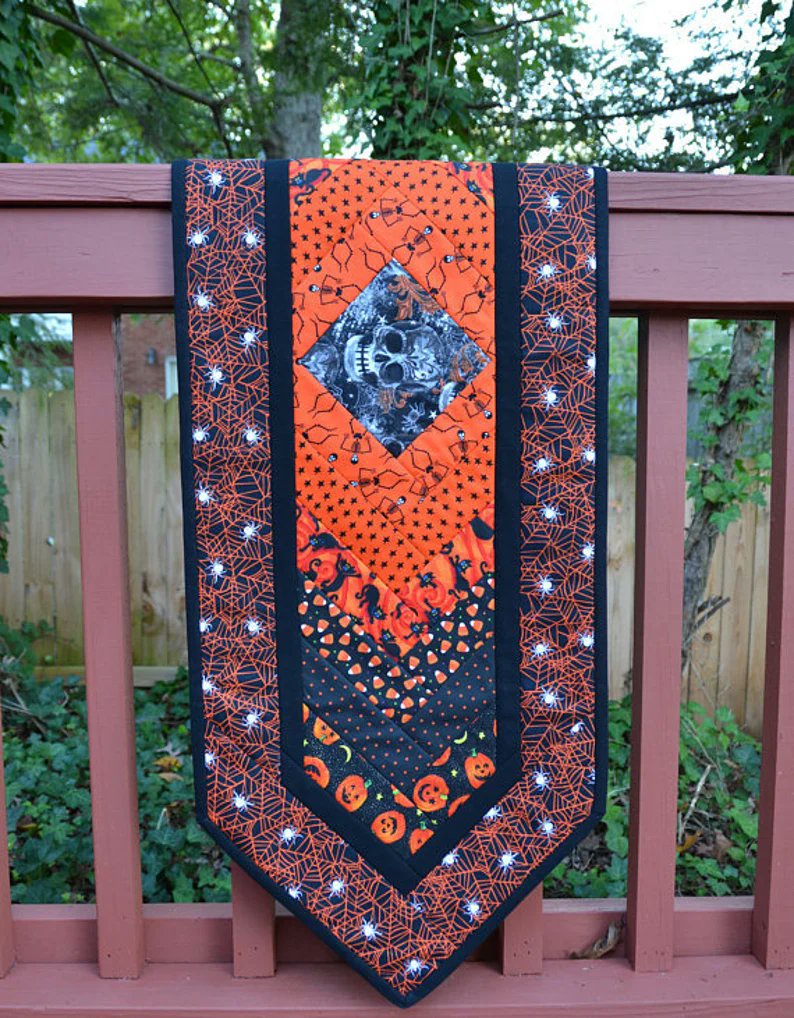 Skull” Pumpkin Table Runner 
etsy.com/shop/MountainM… via <a href="/Etsy/">Etsy</a> #skull #quilt #pumpkin #tablerunner #halloween #cat #spider #witch #black #orange #decor #gray #stars #web #goth #tablecloth #wallhanging #holiday #dayofthedead #diademuertos