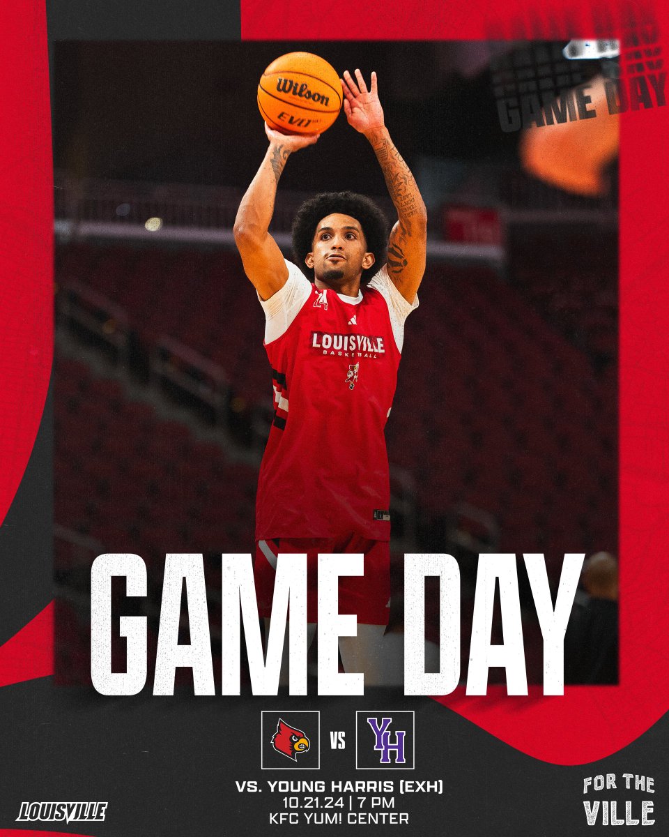 LouisvilleMBB's tweet photo. Let's play basketball. 

🆚 Young Harris (EXH)
📍 KFC Yum! Center 
📺 ACCNX
💻 https://t.co/pcnTpvaeGG
📻 https://t.co/9QFJa2zB3s
📊 https://t.co/hsUNUAsVwW
🎟️ https://t.co/a1USNMW3E9

#GoCards https://t.co/TjVDOzUhwx