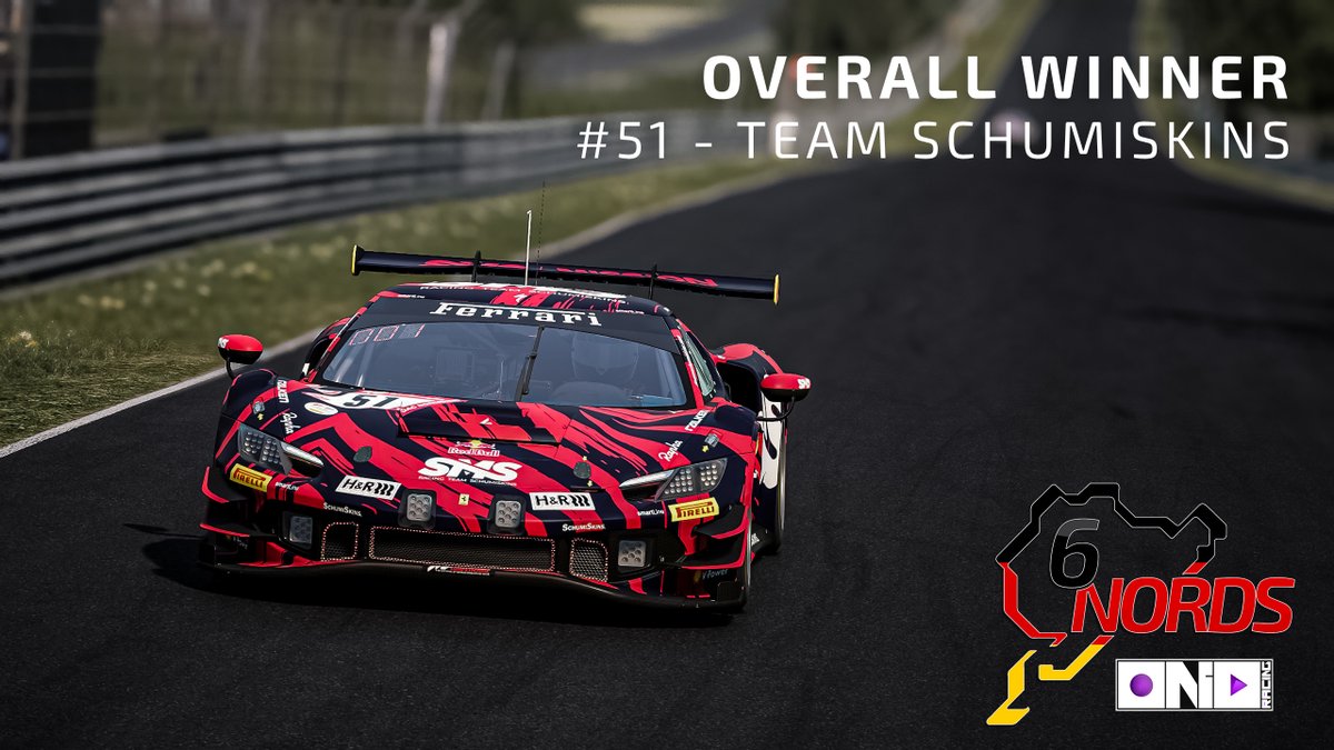 Well done to our 6 Hours of Nordschleife winners the #51 <a href="/teamschumiskins/">Team SchumiSkins</a> Ferrari 296 winning by just 5 seconds to bring home an SMS 1-2! What an event it was yesterday, thanks to all who took part and tuned in! #beACC