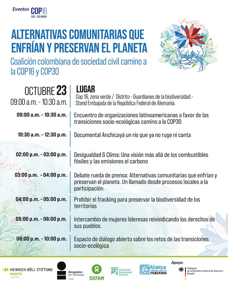 ¿Vas a la #COP16 en Cali? 🍃

Pásate el 23 de octubre al stand de <a href="/EmbAlemaniaCOL/">Alemania en Colombia</a> en la zona verde y no te pierdas la serie de eventos que tendremos en este espacio 

#AlternativasParaEnfriarElPlaneta 
#PazConLaNaturaleza