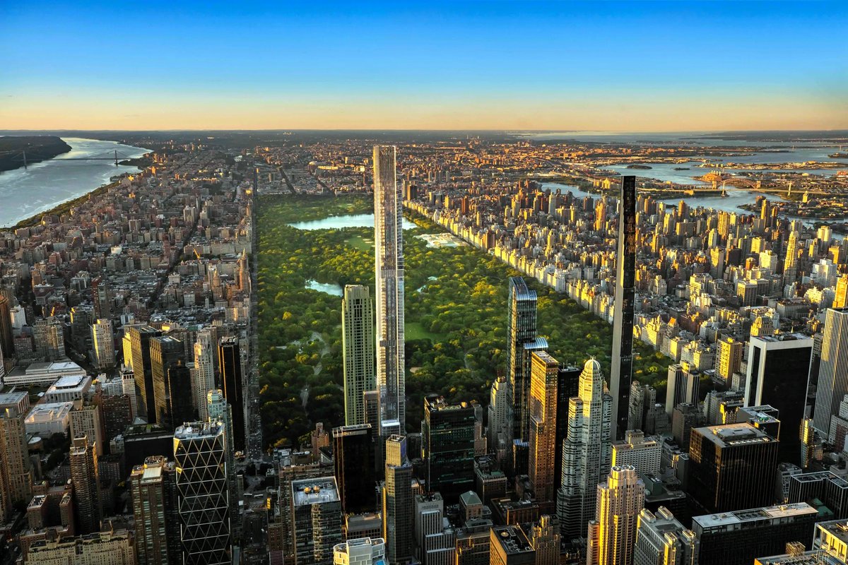 The magic of New York City, where urban skyscrapers meet the lush greenery of Central Park! The golden hour paints the skyline with a breathtaking glow, making this view nothing short of iconic. 🚁✨🍎🌆🌿 #NewYorkCity