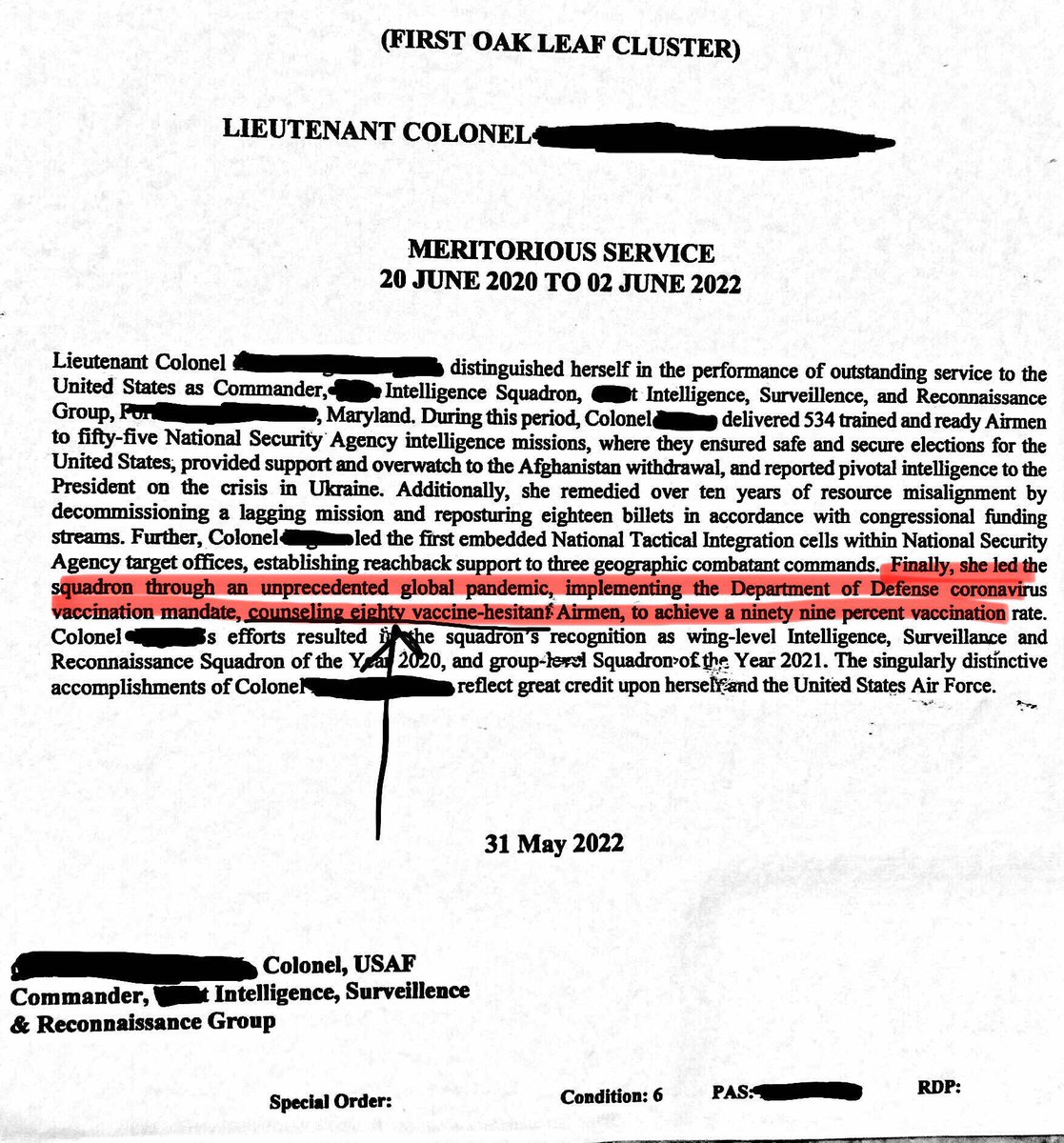 …and awards.

USAF Squadron Commander, “counseled (coerced) eighty vaccine-hesitant Airman, to achieve a ninety nine percent vaccine rate.”

She got promoted to Colonel.