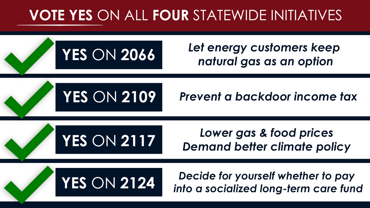 BrandiKruse's tweet photo. WA VOTER ALERT! 🚨 Vote YES on all four statewide initiatives. Lower gas prices, demand better climate policy, choose whether to use natural gas or electricity in your home, stop the state from sneaking through an income tax, and make your own decision about long-term care.