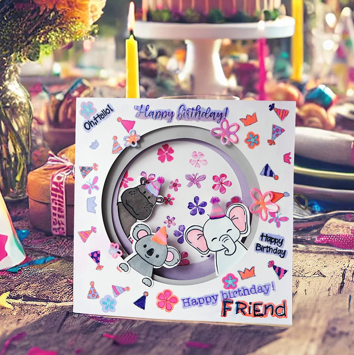 ElenaHandmadeCA's tweet photo. Three playful friends—a hippo, elephant, and koala—are here to wish a happy birthday! Grab this fun, handmade card in my shop through the link https://t.co/NaC0SorzSa

#BirthdayCard #InteractiveCard #HandmadeCard #CuteAnimals #ELEPHANT  #koalas  #friends  #FunBirthday #AnimalLoversGift #scrapbooking #mixmedia