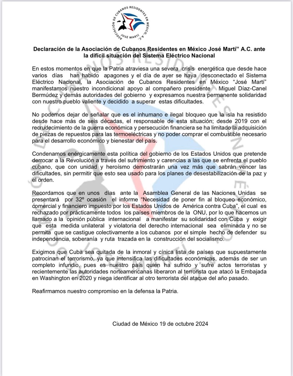 Cubanos Residentes en México alzan su voz en apoyo a la patria.

En estos momentos en que la Patria atraviesa una severa crisis energética que desde hace varios días han habido apagones y el día de ayer se haya desconectado el Sistema Eléctrico Nacional, la Asociación de Cubanos