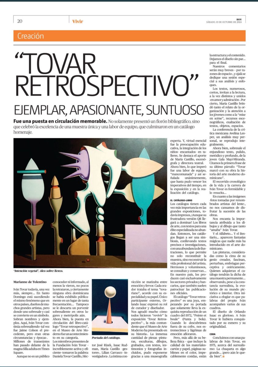 Tovar Retrospectivo:
Ejemplar, apasionante, suntuoso.
Por: Marianne Tolentino 
<a href="/PeriodicoHoy/">Periódico Hoy</a>
#ivantovar #tovarretrospectivo.