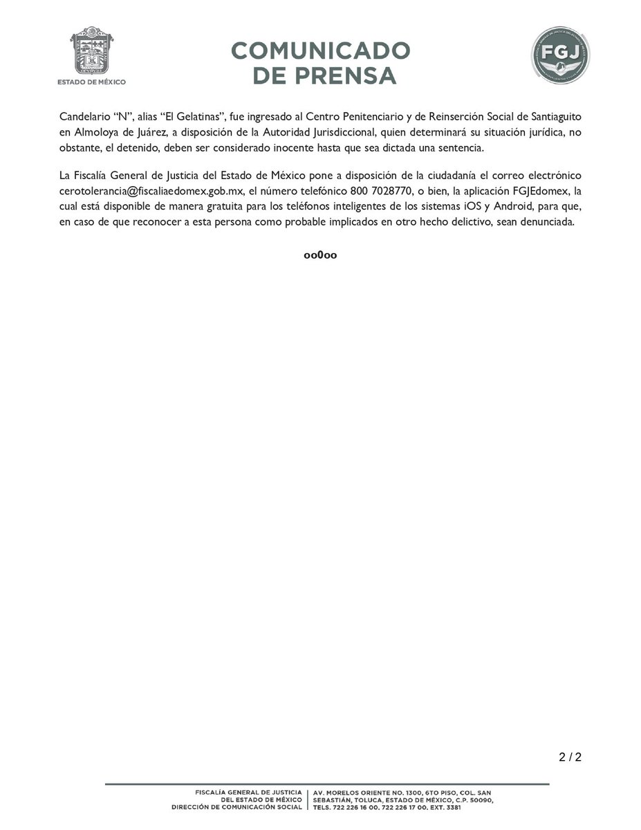 Fiscalía Edoméx (@fiscaliaedomex) on Twitter photo #Resultados. Elementos de la #FiscalíaEdomex, en coordinación con elementos de la <a href="/SS_Edomex/">Secretaría de Seguridad del Estado de México</a>, así como de la Dirección de Seguridad Pública y Tránsito Municipal de #Toluca detuvieron y cumplimentaron orden de aprehensión en contra de Candelario “N”, alias “El Gelatinas”, quien es #Resultados. Elementos de la #FiscalíaEdomex, en coordinación con elementos de la <a href="/SS_Edomex/">Secretaría de Seguridad del Estado de México</a>, así como de la Dirección de Seguridad Pública y Tránsito Municipal de #Toluca detuvieron y cumplimentaron orden de aprehensión en contra de Candelario “N”, alias “El Gelatinas”, quien es