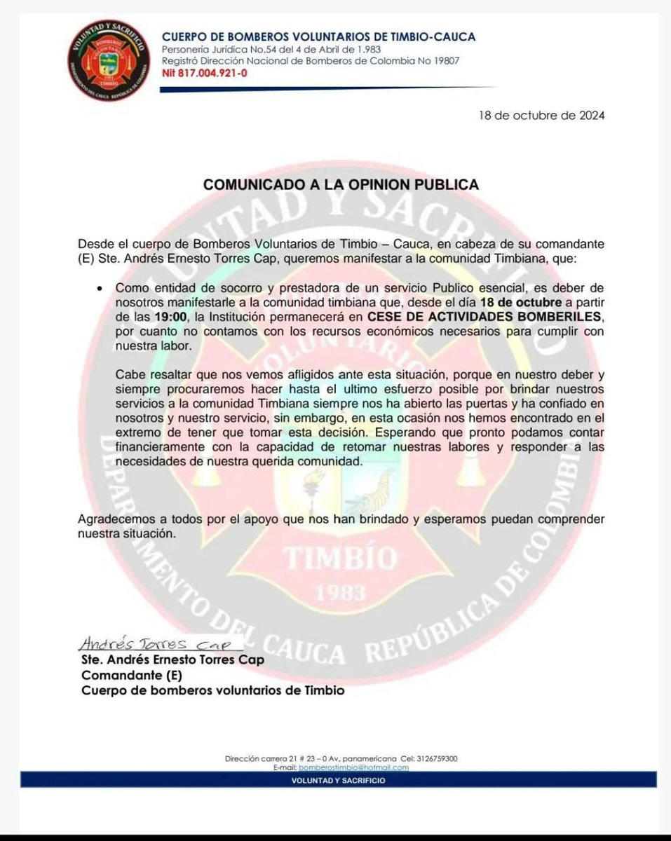 Cuerpo de bomberos de Timbio se declara en cese de actividades por falta de recursos económicos para ejercer labores, urge una mirada seria y responsable para apoyar esta situación que es recurrente en los cuerpos de bomberos del <a href="/DepCauca/">Cauca</a> <a href="/AsambleaCauca/">Asamblea Cauca</a> <a href="/DNBomberosCol/">Dirección Nacional de Bomberos de Colombia</a> <a href="/GobCauca/">Gobernación del Cauca</a>